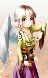 Rule 34 | 1girl, alternate costume, angel wings, artist name, blurry, blurry background, braid, brown eyes, brown hair, chinese clothes, flat chest, french braid, gradient hair, grey wings, hanfu, highres, jewelry, kishin sagume, long sleeves, multicolored hair, necklace, obi, patterned background, red pupils, ribbon, sash, short hair, silver hair, single wing, smile, solo, touhou, welt (kinsei koutenkyoku), wide sleeves, wings