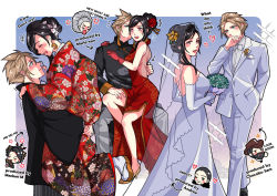 Rule 34 | 3boys, 3girls, andrea rhodea, babigonice, bare shoulders, black hair, blonde hair, blue eyes, blush, bouquet, bow, bowtie, breasts, bridal veil, chinese clothes, chocobo sam, cloud strife, couple, detached sleeves, dress, earrings, english text, final fantasy, final fantasy vii, final fantasy vii remake, flower, formal, gloves, hair flower, hair ornament, hand on another&#039;s thigh, holding, japanese clothes, jewelry, large breasts, long hair, madam m, marle (ff7), multiple boys, multiple girls, red dress, red eyes, red gloves, spiked hair, square enix, suit, tifa lockhart, veil, wedding dress, white bow, white bowtie, white dress