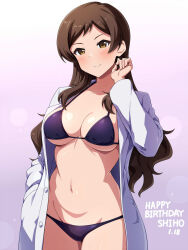 Rule 34 | 1girl, bikini, blush, breasts, brown hair, buttons, character name, cleavage, closed mouth, collarbone, commentary request, cowboy shot, gradient background, groin, halterneck, hand in pocket, hand up, happy birthday, highres, idolmaster, idolmaster million live!, jacket, kitazawa shiho, large breasts, long hair, long sleeves, looking at viewer, mei ichi, navel, open clothes, open jacket, parted bangs, pocket, purple background, purple bikini, smile, solo, sparkle, standing, stomach, swimsuit, wavy hair, white background, white jacket, yellow eyes