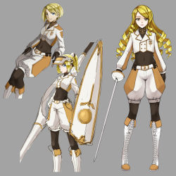 Rule 34 | 3girls, blonde hair, blue eyes, bodysuit, boots, brown bodysuit, closed mouth, contrapposto, covered navel, drill hair, highres, holding, holding sword, holding weapon, invisible chair, jacket, lance, long sleeves, looking at viewer, military, military uniform, multiple girls, navel, original, parted lips, pas (paxiti), polearm, rapier, shield, short hair, sitting, sketch, smile, standing, sword, uniform, visor, weapon, white footwear, white jacket