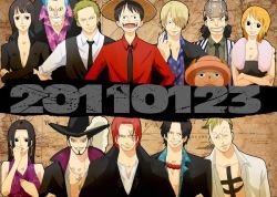 Rule 34 | 2girls, 3girls, 5boys, 6+boys, black hair, blonde hair, blue hair, boa hancock, crossed arms, dated, dress, earrings, formal, franky (one piece), goggles, green hair, hair over one eye, hat, jewelry, marco (one piece), monkey d. luffy, multiple boys, multiple girls, nami (one piece), necklace, necktie, nico robin, one piece, one piece: strong world, orange hair, polka dot, polka dot shirt, portgas d. ace, red hair, red shirt, roronoa zoro, sanji (one piece), scar, shanks (one piece), shirt, straw hat, suit, tony tony chopper, usopp