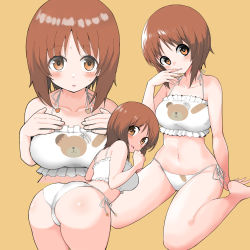 Rule 34 | 1girl, animal print, arm support, ass, barefoot, bear print, bent over, boko (girls und panzer), bra, breasts, brown eyes, brown hair, cat lingerie, collarbone, frilled bra, frills, from behind, full body, girls und panzer, groin, hands on own chest, highres, looking at viewer, looking back, medium breasts, meme attire, multiple views, navel, nishizumi miho, open mouth, panties, print bra, short hair, side-tie panties, simple background, sitting, underwear, underwear only, wariza, white bra, white panties, yabai gorilla, yellow background