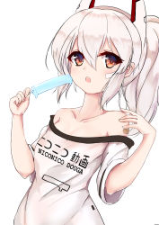 Rule 34 | 1girl, :o, absurdres, ayanami (azur lane), ayanami (niconico) (azur lane), azur lane, bad id, bad pixiv id, bandaid, bandaid on arm, bare shoulders, blush, breasts, chinese commentary, clothes writing, collarbone, commentary, food, headpiece, highres, holding, holding food, medium hair, melting, niconico, off shoulder, open mouth, ponytail, popsicle, red eyes, shirt, shirt slip, short sleeves, simple background, small breasts, solo, sutorea, t-shirt, upper body, w arms, white background, white hair