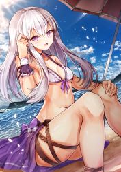 Rule 34 | 1girl, alternate costume, armpits, beach, beach umbrella, bikini, breasts, cleavage, cloud, cloudy sky, day, fire emblem, fire emblem: three houses, hand in own hair, hand on own knee, lens flare, long hair, looking at viewer, lysithea von ordelia, navel, nintendo, ocean, open mouth, outdoors, purple eyes, sarong, se-u-ra, silver hair, sitting, sky, small breasts, solo, straight hair, sunlight, swimsuit, thigh strap, thighs, umbrella, wrist cuffs