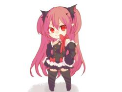 Rule 34 | 10s, 1girl, bare shoulders, black dress, boots, bow, chibi, detached sleeves, dress, krul tepes, long hair, non-web source, owari no seraph, pink hair, pointy ears, red eyes, ribbon, smile, solo, thigh boots, thighhighs, vampire, very long hair