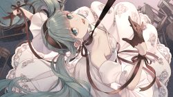 Rule 34 | 1girl, aqua eyes, aqua hair, arm up, bare shoulders, breasts, brown gloves, brown hairband, brown ribbon, cherico, cleavage, collarbone, commentary request, detached sleeves, downblouse, dress, from above, gloves, hairband, hatsune miku, highres, leash, long hair, looking at viewer, looking up, parted lips, ribbon, short sleeves, small breasts, solo, strapless, strapless dress, twintails, very long hair, viewer holding leash, vocaloid, white dress, wooden stool, wrist ribbon