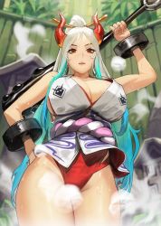 Rule 34 | 1girl, alternate breast size, bare hips, breasts, cleavage, club, club (weapon), cuffs, eyebrows hidden by hair, hand on own hip, highres, horns, ja mong, japanese clothes, kanabou, kimono, large breasts, leotard, looking at viewer, multicolored horns, no pants, one piece, oni, orange eyes, orange horns, rope, shackles, sleeveless, sleeveless kimono, solo, steam, sweat, thick thighs, thighs, weapon, white hair, yamato (one piece)