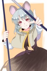 Rule 34 | 1girl, akizuki haruhi, animal ears, black dress, blush, capelet, cowboy shot, dowsing rod, dress, grey hair, jewelry, long sleeves, looking at viewer, mouse ears, mouse tail, nazrin, one-hour drawing challenge, pendant, red eyes, smile, solo, tail, touhou