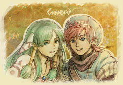 Rule 34 | 1boy, 1girl, artist name, blue eyes, blue headwear, copyright name, feena (grandia), goggles, goggles on head, goggles on headwear, grandia, grandia i, graphite (medium), green eyes, hair ornament, hair tubes, hat, jewelry, justin (grandia), long hair, looking at viewer, necklace, open mouth, parted bangs, pendant, red hair, scarf, signature, smile, stephanie sybydlo, teeth, traditional media