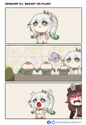 Rule 34 | 3koma, breast padding, brown hair, chibi, closed mouth, comic, cross-shaped pupils, dress, electricity, genshin impact, green eyes, green hair, grey hair, hair between eyes, hair ornament, hat, highres, hu tao (genshin impact), kinohara kossuta, long hair, long sleeves, multicolored hair, nahida (genshin impact), open mouth, plant, pointy ears, porkpie hat, potted plant, red eyes, side ponytail, silent comic, sleeveless, sleeveless dress, symbol-shaped pupils, teeth, two-tone hair, upper teeth only, water, watering, watering can