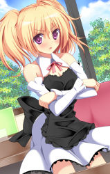 Rule 34 | 1girl, apron, azure (capriccio), bad id, bad nicoseiga id, bare shoulders, blonde hair, blush, breasts, chair, cleavage, cloud, crossed arms, day, detached sleeves, highres, long hair, medium breasts, open mouth, original, purple eyes, red eyes, restaurant, sky, solo, table, tree, twintails, waitress, window