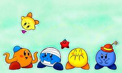 Rule 34 | :d, :o, :t, ^ ^, absurdres, bandages, blue hat, blue theme, bouncing, closed eyes, copy ability, food, fruit, gradient background, green background, hat, highres, kirby, kirby (series), little miss bossy, mr. bounce, mr. bump, mr. happy, mr. men &amp; little miss, mr. small, mr. tickle, nintendo, no humans, open mouth, orange (fruit), orange theme, pink hat, red theme, simple background, smile, spice5400, yellow theme