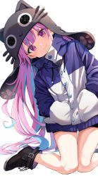 Rule 34 | 1girl, black footwear, blue hair, blue jacket, blush, character hood, closed mouth, colored inner hair, commentary request, drawstring, eyes visible through hair, hands in pockets, highres, hololive, hood, hood up, jacket, kneeling, leaning to the side, long hair, long sleeves, looking at viewer, minato aqua, multicolored hair, neko (minato aqua), purple hair, shoes, simple background, smile, solo, summer tail720, turtleneck, two-tone hair, very long hair, virtual youtuber, white background