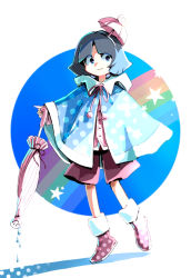 Rule 34 | 1other, amanomiya jun, androgynous, black hair, blue eyes, boots, closed mouth, closed umbrella, commentary request, full body, hair ornament, hemo (hemoroda), holding, holding umbrella, len&#039;en, pink shorts, purple pupils, rain poncho, rainbow, rubber boots, short hair, shorts, smile, solo, standing, star (symbol), umbrella, umbrella hair ornament