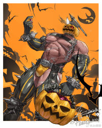 Rule 34 | 1boy, abs, bara, bracelet, bulge, candle, chain, clothing cutout, crescent moon, crotchless, crotchless pants, dark-skinned male, dark skin, detached sleeves, dutch angle, feet out of frame, from below, glowing, glowing eyes, halloween, highres, huge pectorals, jack-o&#039;-lantern head, jewelry, jin (sirius-j), knee spikes, male focus, moon, muscular, muscular male, navel, nipples, original, outstretched arm, pants, personification, scar, solo, spiked bracelet, spikes, stomach, strongman waist, thick thighs, thigh cutout, thighs