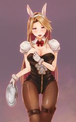 Rule 34 | 10s, 1girl, alternate costume, animal ears, blonde hair, blush, breasts, brown eyes, brown pantyhose, cleavage, collarbone, fake animal ears, gloves, gradient background, granblue fantasy, hands on own chest, highres, katalina (granblue fantasy), large breasts, leg belt, leotard, light brown hair, lips, lipstick, long hair, looking at viewer, makeup, open mouth, pantyhose, pink background, playboy bunny, purple background, rabbit ears, red eyes, shiro (maple syrup9), skindentation, solo, tray, waitress, white gloves