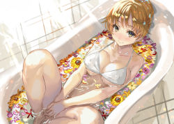 Rule 34 | 1girl, bare legs, bath, bathtub, bikini, bikini top only, blonde hair, blush, breasts, cleavage, collarbone, covering privates, covering crotch, eyelashes, flower, from above, large breasts, looking at viewer, original, partially submerged, ran&#039;ou (tamago no kimi), short hair, smile, solo, swimsuit, v arms, water, white bikini, yellow eyes