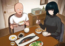 1boy 1girl blush cabbage chopsticks dinner eating fish_(food) food fubuki_(one-punch_man) green_eyes happy highres holding holding_chopsticks indoors microwave miso_soup one-punch_man rice saitama_(one-punch_man) shirt short_hair sitting smile smirk sweater t-shirt table vegetable white_shirt