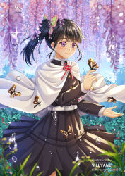 Rule 34 | 1girl, animal, artist name, belt, belt buckle, black hair, black jacket, black skirt, blurry, blurry foreground, buckle, bug, butterfly, butterfly hair ornament, butterfly on hand, cloak, closed mouth, commentary request, depth of field, flower, hair ornament, hand up, insect, jacket, kimetsu no yaiba, looking at animal, looking away, pleated skirt, purple eyes, purple flower, side ponytail, skirt, smile, solo, tsuyuri kanao, villyane, water drop, watermark, web address, white belt, white cloak, wisteria