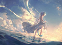 Rule 34 | 1girl, absurdres, bare arms, bare legs, cloud, cloudy sky, day, dino (dinoartforame), dress, fins, fish tail, frilled dress, frills, gawr gura, highres, hololive, hololive english, looking at viewer, looking back, loose clothes, ocean, on water, scenery, shark tail, skirt hold, sky, solo, standing, star (sky), starry sky, sunrise, tail, virtual youtuber, wading, water