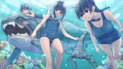 Rule 34 | 3girls, ;), age difference, barefoot, black hair, blue one-piece swimsuit, blunt bangs, blush stickers, braid, breasts, bubble, cleavage, coral, dunkleosteus, fish, folded ponytail, freediving, from below, hair between eyes, hair over shoulder, holding breath, large breasts, legs up, light smile, lobster, long hair, looking at viewer, looking to the side, low ponytail, lying, multiple girls, old school swimsuit, on stomach, one-piece swimsuit, one eye closed, original, ponytail, prehistoric animal, riding, school swimsuit, shark, sharp teeth, shimano natsume, short hair, short hair with long locks, short ponytail, sidelocks, small breasts, smile, swimming, swimsuit, teeth, twin braids, underwater