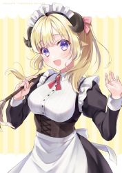Rule 34 | 1girl, :d, absurdres, alternate costume, animal ears, apron, black dress, blonde hair, blush, breasts, corset, dress, duster, enmaided, frills, highres, hololive, horns, juliet sleeves, kabi akaru, large breasts, long sleeves, looking at viewer, maid, maid headdress, open mouth, puffy sleeves, purple eyes, sheep ears, sheep girl, sheep horns, short hair, side ponytail, smile, solo, tsunomaki watame, underbust, victorian maid, virtual youtuber, w arms, waist apron, white apron