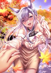 Rule 34 | 1girl, :d, absurdres, animal ear fluff, animal ears, autumn leaves, bare shoulders, blurry, blurry background, blush, braid, breasts, cowboy shot, dress, earrings, extra ears, fox ears, fox girl, hair between eyes, highres, holding hands, indie virtual youtuber, jewelry, kamishiro natsume, kitsune, large breasts, long hair, long sleeves, looking at viewer, off-shoulder dress, off shoulder, open mouth, outdoors, pov, pov hands, pulling, purple eyes, purple hair, purple ribbon, rairaisuruyo, ribbon, smile, solo focus, virtual youtuber