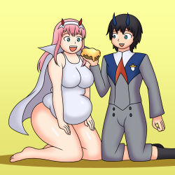Rule 34 | 10s, 1boy, 1girl, barefoot, black hair, blue eyes, blue horns, breasts, coat, couple, darling in the franxx, fat, fat rolls, food, fringe trim, green eyes, hair ornament, hairband, hetero, highres, hiro (darling in the franxx), holding, holding food, horns, kneeling, large breasts, long hair, long sleeves, looking at another, lordstormcaller, military, military uniform, necktie, oni horns, open clothes, open coat, open mouth, pink hair, plump, red horns, red neckwear, short hair, socks, straight hair, swimsuit, thighs, uniform, white coat, white hairband, zero two (darling in the franxx)