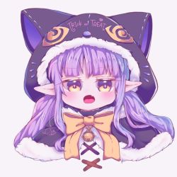 Rule 34 | 1girl, animal ears, animal hood, bell, black capelet, blush, bow, brown eyes, capelet, cat ears, cat hood, commentary request, fake animal ears, fang, fur-trimmed capelet, fur-trimmed hood, fur trim, grey background, hood, hood up, hooded capelet, jingle bell, kyoka (halloween) (princess connect!), kyoka (princess connect!), long hair, looking at viewer, open mouth, pointy ears, princess connect!, purple hair, signature, simple background, solo, trick or treat, twintails, yellow bow, yi lian
