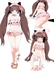Rule 34 | 1girl, absurdres, animal ears, arms behind back, ass, bare shoulders, barefoot, bikini, bikini skirt, blue archive, blush, bow, breasts, brown hair, cat ears, collarbone, flower, frilled bikini, frills, full body, hair flower, hair ornament, hair ribbon, highleg, highleg bikini, highres, long hair, looking at viewer, maid headdress, multiple views, navel, nervous smile, notebook, official alternate costume, open mouth, pink bikini, pink ribbon, plentyofempty, purple eyes, ribbon, sandals, shizuko (blue archive), shizuko (swimsuit) (blue archive), simple background, skirt, small breasts, smile, standing, stomach, string bikini, swimsuit, twintails, very long hair, white background, wide hips