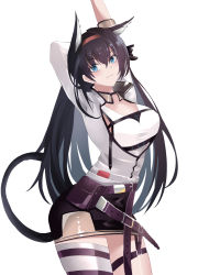 Rule 34 | 1girl, :3, absurdres, animal ears, arknights, beijiushui, belt, black gloves, black hair, black skirt, blaze (arknights), blue eyes, breasts, cat ears, cat tail, chest strap, commentary, cowboy shot, extra ears, gloves, hairband, highres, jacket, large breasts, long hair, looking at viewer, purple belt, red hairband, see-through, simple background, single thighhigh, skirt, smile, solo, stretching, tail, thighhighs, thighs, white background, white jacket, white thighhighs