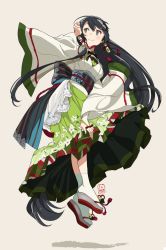 Rule 34 | 10s, 1girl, absurdly long hair, adjusting hair, black eyes, black hair, blush, bridal gauntlets, commentary request, floating, floral print, full body, japanese clothes, kantai collection, long hair, looking back, low-tied long hair, mizuho (kancolle), obi, sash, smile, solo, ume (plumblossom), very long hair, white background