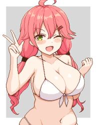Rule 34 | 1girl, ;d, ahoge, bare shoulders, bikini, blush stickers, breasts, cleavage, collarbone, green eyes, hair between eyes, hair ornament, hairclip, hololive, large breasts, long hair, looking at viewer, low twintails, navel, one eye closed, open mouth, pixel art, red hair, sakura miko, simple background, smile, solo, swimsuit, twintails, virtual youtuber, w, white bikini, zou eita
