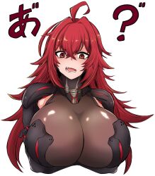 Rule 34 | 1girl, ahoge, bodystocking, boobplate, breastplate, breasts, cleavage, goddess of victory: nikke, hair between eyes, highres, large breasts, long hair, nihilister (nikke), open mouth, red eyes, red hair, see-through, see-through cleavage, sidelocks, solo, tkool man, upper body