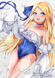 Rule 34 | 1girl, abigail williams (fate), bare shoulders, blonde hair, blue choker, blue eyes, blue one-piece swimsuit, blue ribbon, blush, breasts, choker, collarbone, cosplay, covered navel, fate/grand order, fate (series), forehead, frills, hair ribbon, highleg, highleg swimsuit, highres, long hair, long sleeves, looking at viewer, meltryllis, meltryllis (fate), meltryllis (swimsuit lancer) (fate), meltryllis (swimsuit lancer) (fate) (cosplay), minertime, one-piece swimsuit, open mouth, parted bangs, puffy short sleeves, puffy sleeves, ribbon, short sleeves, sleeves past fingers, sleeves past wrists, small breasts, smile, solo, swimsuit, thighs, water