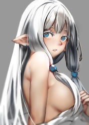 Rule 34 | 1girl, blue eyes, blurry, breasts, convenient censoring, depth of field, from side, grey background, hair bobbles, hair censor, hair ornament, highres, jun project, long hair, looking at viewer, looking back, medium breasts, nude, original, parted lips, pointy ears, silver hair, simple background, solo, upper body