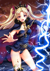 Rule 34 | 1girl, :d, black cape, black footwear, black leotard, blonde hair, blush, boots, breasts, cape, cloud, cloudy sky, contrapposto, earrings, electricity, ereshkigal (fate), fate/grand order, fate (series), foreshortening, fur collar, hair ribbon, highres, holding, holding weapon, jewelry, legs apart, leotard, light particles, long hair, looking at viewer, medium breasts, open mouth, outstretched arm, palms, parted bangs, red eyes, red ribbon, ribbon, shiny skin, single thigh boot, sky, smile, solo, standing, strapless, strapless leotard, thigh boots, thighhighs, tiara, tohsaka rin, tsurime, two side up, v-shaped eyebrows, weapon, youshuu