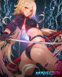 Rule 34 | 1girl, ass, bikini, black bikini, black choker, black gloves, black jacket, blonde hair, breasts, cglas, choker, covered erect nipples, cropped jacket, deviantart username, fate/grand order, fate (series), gloves, holding, holding sword, holding weapon, jacket, jeanne d&#039;arc alter (swimsuit berserker) (fate), jeanne d&#039;arc (fate), jeanne d&#039;arc alter (fate), jeanne d&#039;arc alter (swimsuit berserker) (fate), katana, long hair, looking at viewer, looking back, medium breasts, multiple swords, o-ring, o-ring bikini, red thighhighs, shrug (clothing), single thighhigh, solo, swimsuit, sword, thigh strap, thighhighs, very long hair, weapon, yellow eyes