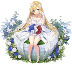 Rule 34 | 1girl, azur lane, bare shoulders, blonde hair, bouquet, breasts, cleavage, dress, flower, forbin (azur lane), forbin (fleur de mariee) (azur lane), gloves, green eyes, hair flower, hair ornament, high heels, highres, holding, holding bouquet, jewelry, large breasts, long hair, looking at viewer, necklace, official alternate costume, official art, open mouth, sitting, tiara, transparent background, wedding dress, white dress, white footwear, white gloves, yano mitsuki (nanairo)