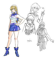 Rule 34 | 1girl, 203wolves, ankle boots, artist name, bare legs, bare shoulders, blonde hair, blue footwear, blue skirt, boots, breasts, buttons, closed mouth, commentary request, duel academy uniform (yu-gi-oh! gx), elbow gloves, full body, gloves, greyscale, hand on own hip, hand up, high heel boots, high heels, long hair, looking at viewer, medium breasts, miniskirt, monochrome, multiple views, open mouth, pencil skirt, signature, simple background, skirt, sleeveless, smile, tenjouin asuka, thighs, turtleneck, upper body, white background, yellow eyes, yu-gi-oh!, yu-gi-oh! gx