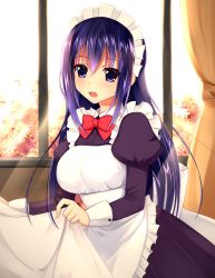 Rule 34 | 1girl, apron, apron lift, blush, breasts, clothes lift, frills, highres, large breasts, long hair, looking at viewer, maid, maid apron, maid headdress, open mouth, original, otono fei, purple eyes, purple hair, solo