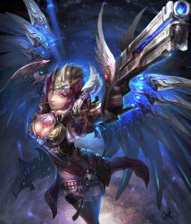 Rule 34 | 1girl, ashuran, belt, breasts, character request, cleavage, gun, mechanical wings, original, solo, thighhighs, weapon, wings