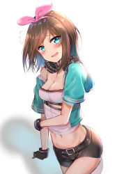 Rule 34 | 1girl, absurdres, bike shorts, black gloves, black shorts, blue eyes, blue jacket, bow, bracelet, breasts, brown hair, cleavage, collarbone, gloves, hair bow, head tilt, headphones, headphones around neck, highres, jacket, jewelry, kizuna ai, kizuna ai (a.i. games), kizuna ai inc., long hair, looking at viewer, medium breasts, midriff, multicolored hair, navel, official alternate costume, open clothes, open jacket, open mouth, parted bangs, pink bow, shiny clothes, shiny skin, short shorts, shorts, simple background, solo, standing, stomach, streaked hair, sunhyun, sweatdrop, virtual youtuber, white background