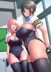 Rule 34 | 2girls, ahoge, amano don, armband, black gloves, black hair, black legwear, black one-piece swimsuit, blush, bow, breasts, cleavage, closed eyes, closed mouth, gloves, half gloves, highres, huge breasts, long hair, looking at viewer, multiple girls, one-piece swimsuit, open mouth, original, pink hair, purple eyes, red bow, short hair, short sleeves, shrug (clothing), swept bangs, swimsuit, taut clothes, taut swimsuit, thighhighs, thighs, twintails