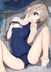 Rule 34 | 1girl, barefoot, blue one-piece swimsuit, blush, breasts, cameltoe, commentary request, covered navel, feet, feet out of frame, green eyes, groin, kohshibasaki, looking at viewer, lying, on back, on floor, one-piece swimsuit, school swimsuit, short hair, small breasts, solo, spread legs, strap slip, swimsuit, tongue, tongue out, water, yama no susume, yukimura aoi