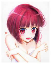 Rule 34 | 1girl, arima kana, artist name, bare shoulders, blunt bangs, blunt ends, blush, bob cut, border, bra, breasts, cleavage, close-up, collarbone, colored pencil (medium), commentary, covering privates, crossed arms, curled fingers, embarrassed, hair strand, inverted bob, looking at viewer, open mouth, oshi no ko, portrait, red eyes, red hair, short hair, signature, simple background, small breasts, solo, surprised, traditional media, underwear, underwear only, white background, white border, white bra, y takeshinu wan