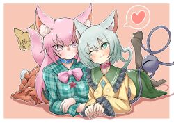 Rule 34 | 2girls, animal ear fluff, animal ears, border, bright pupils, cat ears, cat tail, collar, commentary request, expressionless, frills, green eyes, green hair, green skirt, hata no kokoro, heart, highres, komeiji koishi, kumasan (kumazonjp), leaning on person, long hair, looking at another, lying, medium hair, multiple girls, new mask of hope, on stomach, one eye closed, pink eyes, pink hair, plaid, plaid shirt, shirt, skirt, smile, spoken heart, tail, tareme, third eye, touhou, tsurime, white border, white pupils, yellow shirt