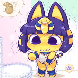 Rule 34 | 1girl, animal crossing, animal ears, ankha (animal crossing), arm up, bare shoulders, bathroom, between legs, blonde hair, blue eyes, blue fur, blue hair, blunt bangs, blush, bob cut, body fur, bottomless, breath, cat ears, cat girl, cat tail, chibi, clenched teeth, embarrassed, female focus, flat chest, full body, furry, furry female, hair ornament, hand between legs, have to pee, indoors, jaggy lines, japanese text, legs, lowres, multicolored hair, nintendo, nose blush, oekaki, outstretched arm, pee, peeing, peeing self, pitcher (container), shinogo~, shirt, short hair, sidelocks, sleeveless, sleeveless shirt, snake hair ornament, solo, standing, striped tail, sweat, tail, tears, teeth, toilet, translated, two-tone fur, two-tone hair, urine meter, usekh collar, white shirt, wide-eyed, yellow fur