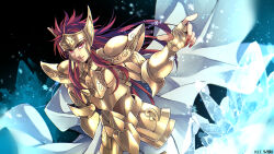 1boy androgynous aquarius_camus armor bishounen cape cowboy_shot cryokinesis dark_background eyelashes fingernails gold_armor gold_cloth gold_helmet gold_saint hand_up highres ice kei_(nvew8238) light_smile long_hair looking_at_viewer male_focus nail_polish parted_lips red_eyes red_hair red_nails saint_seiya snowflakes solo white_cape