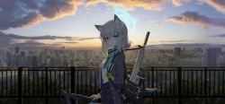 Rule 34 | 1girl, absurdres, animal ears, assault rifle, blazer, blue archive, blue eyes, cityscape, cloud, cloudy sky, commentary request, cross hair ornament, dusk, gloves, green gloves, gun, hair ornament, halo, highres, jacket, long sleeves, looking at viewer, medium hair, outdoors, rifle, roupo99, scarf, scenery, school uniform, shiroko (blue archive), sig sauer 556, single glove, sky, solo, weapon, white hair
